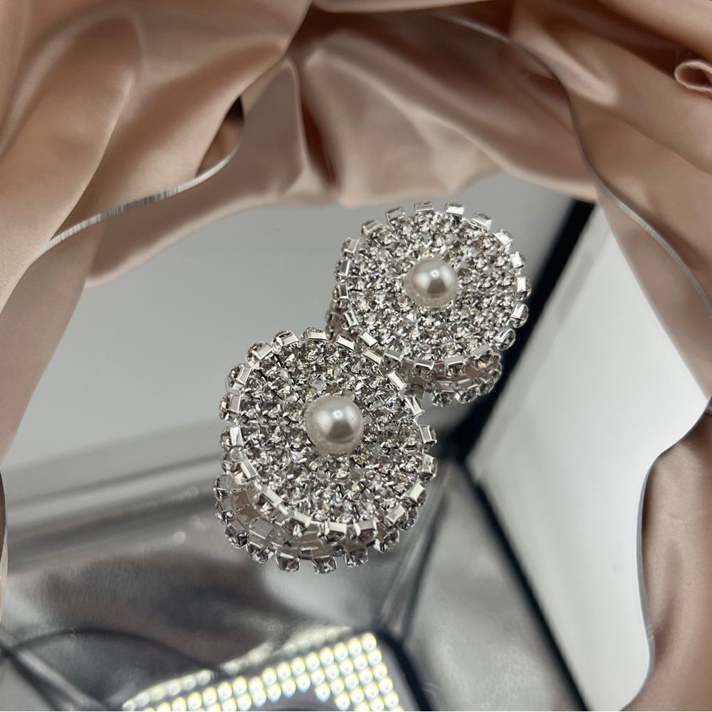 Silver Crystal and Pearl Round Statement Earrings